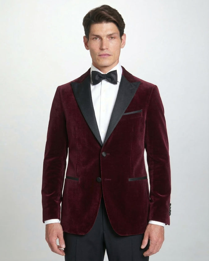 Burgunderrotes Abend-Sakko aus Samt in Tailored Fit mit steigendem Revers