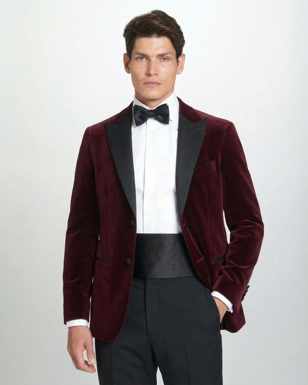 Burgunderrotes Abend-Sakko aus Samt in Tailored Fit mit steigendem Revers
