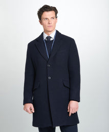Navy Blue British Wool Herringbone Notch Lapel Overcoat