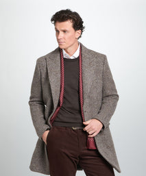 Brown British Wool Herringbone Peak Lapel Overcoat