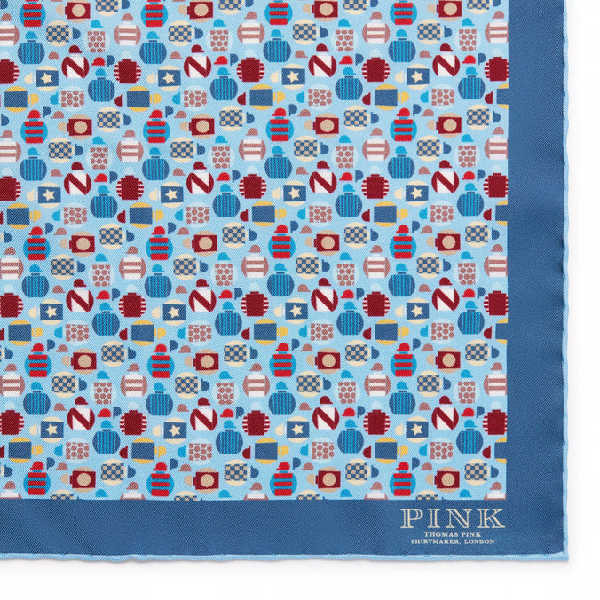 Blue & Multicolour Small Jockey All Over Printed Silk Pocket Square