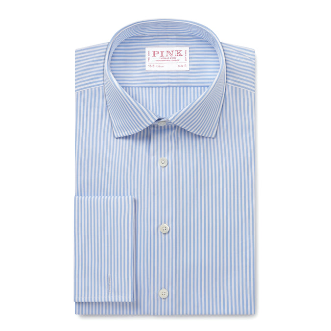 Pale Blue & White Slim Fit Double Cuff Essential Bengal Stripe Formal Shirt