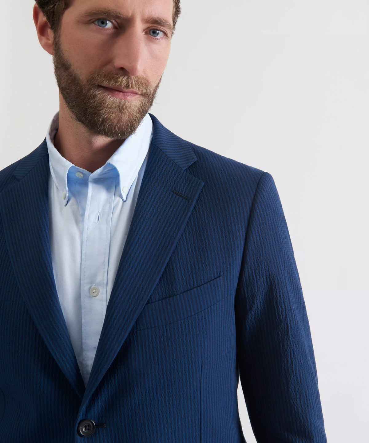 Blue & Navy Tailored Fit Stripe Seersucker Jacket