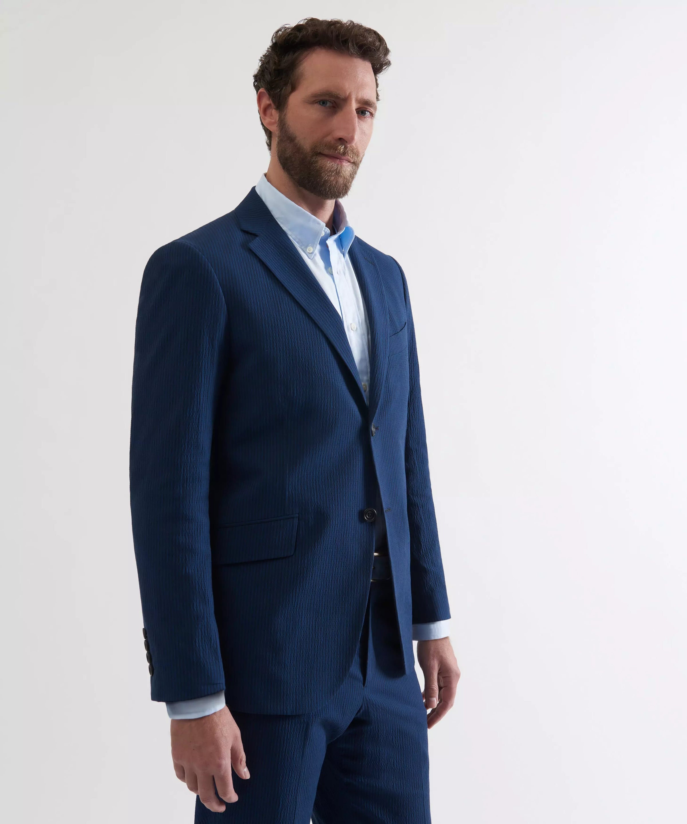 Blue & Navy Tailored Fit Stripe Seersucker Jacket