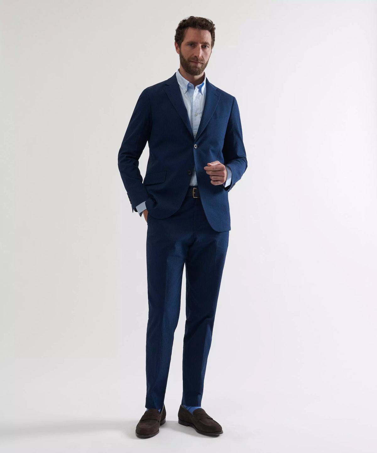 Blue & Navy Tailored Fit Stripe Seersucker Jacket
