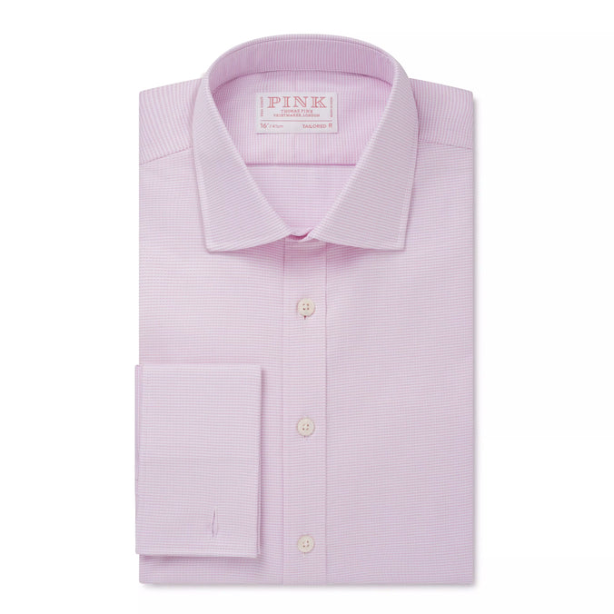 Pale Pink & White Tailored Fit Double Cuff Jacquard Micro Check Formal Shirt